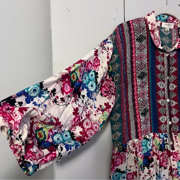 Umgee Multicolor Floral Lightweight 3/4 Sleeve Tunic Top Bohemian Floral Dress M - Picture 2 of 10